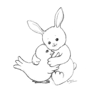 Bunny and chick hugging